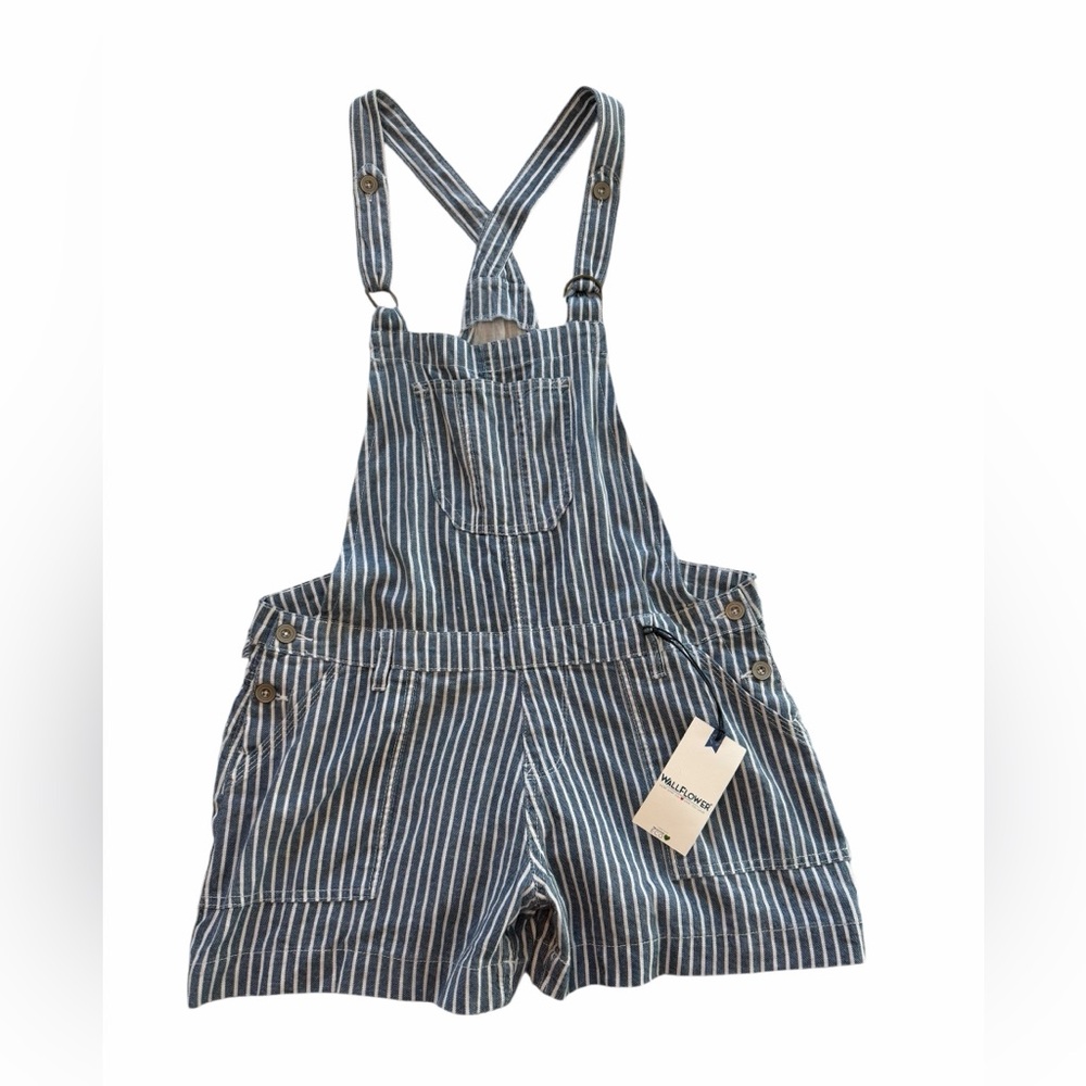 Wallflower Blue and White Striped Short Overalls - Picture 2 of 10